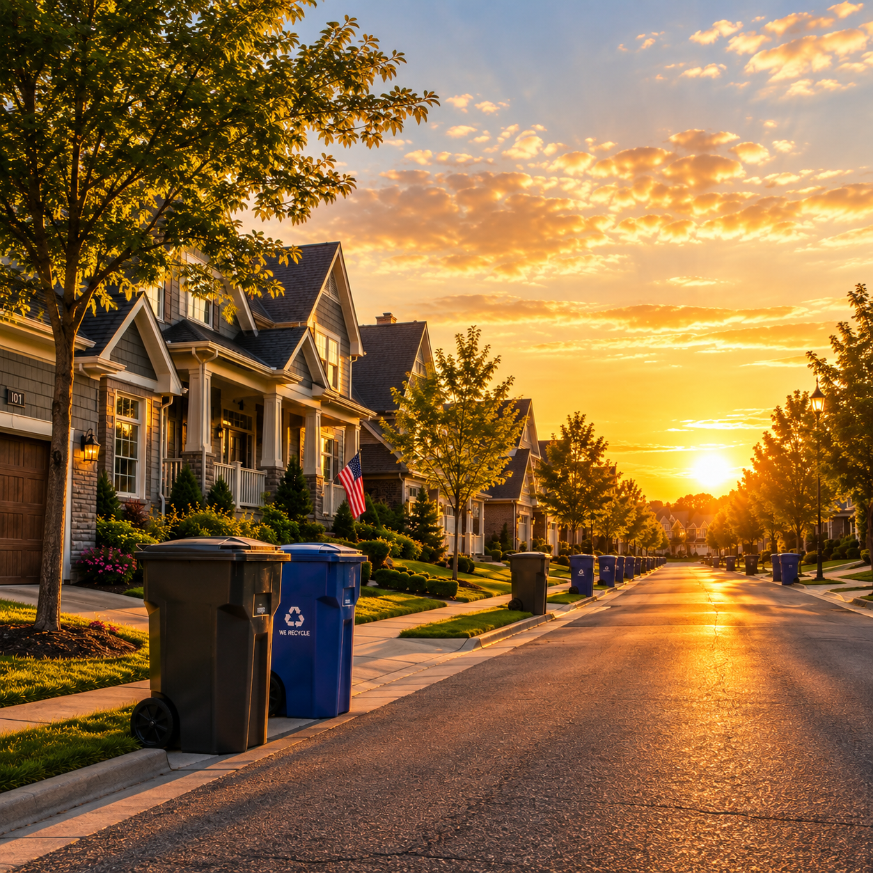 Trash and recycling bins curbside in a neighborhood at sunset